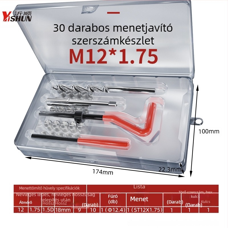 131 darabos menetjavító készlet, kézi működtetésű önfúró hüvelyek, gyújtógyertya menetjavító eszköz és menetfúró
