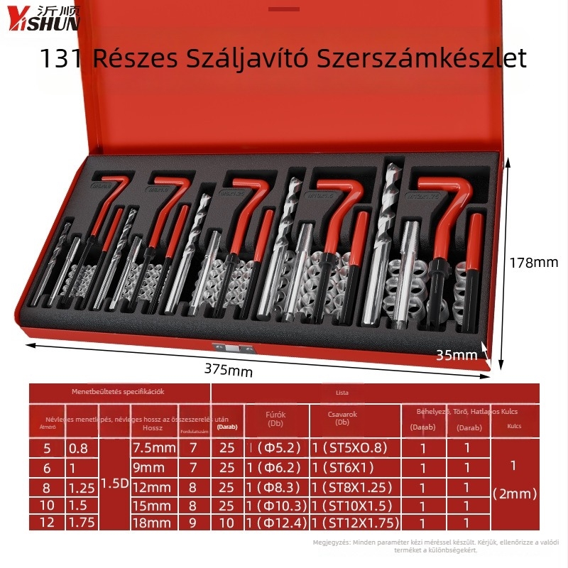 131 darabos menetjavító készlet, kézi működtetésű önfúró hüvelyek, gyújtógyertya menetjavító eszköz és menetfúró