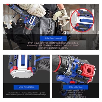 Akkumulátoros kalapácsfúró brushless motorral, 3-szájú tokmány, Li-ion akkumulátor, 48 V-ig, előre és hátra forgás