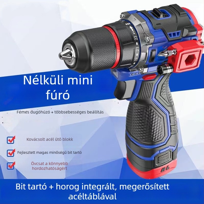 Akkumulátoros kalapácsfúró brushless motorral, 3-szájú tokmány, Li-ion akkumulátor, 48 V-ig, előre és hátra forgás
