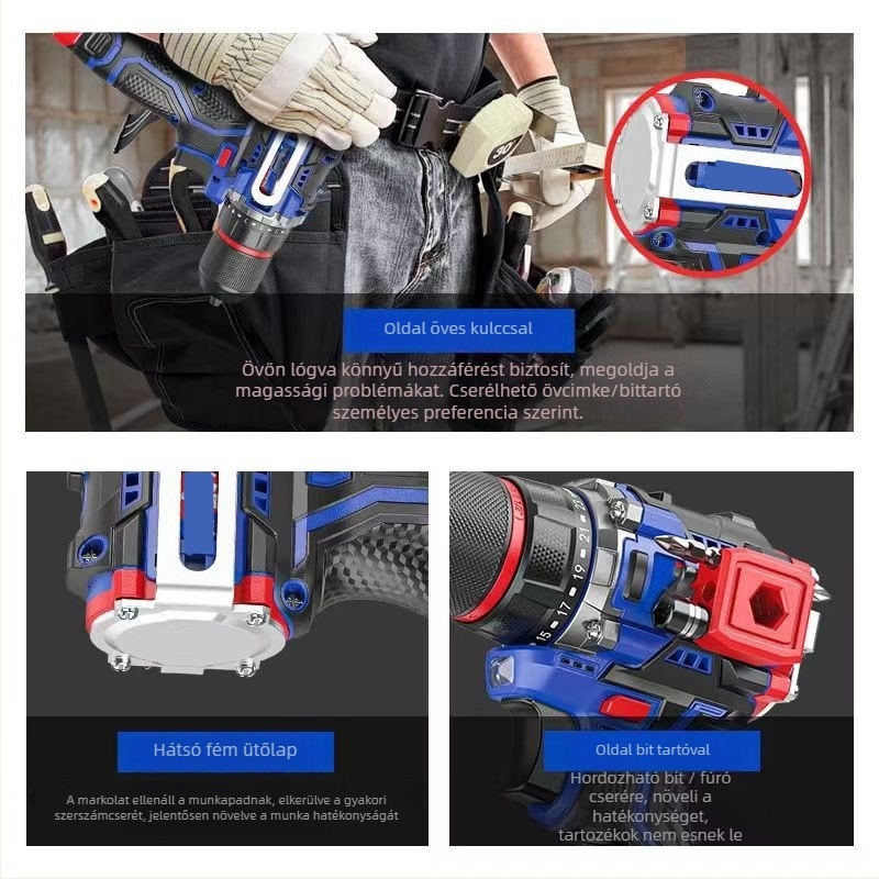 Akkumulátoros kalapácsfúró brushless motorral, 3-szájú tokmány, Li-ion akkumulátor, 48 V-ig, előre és hátra forgás