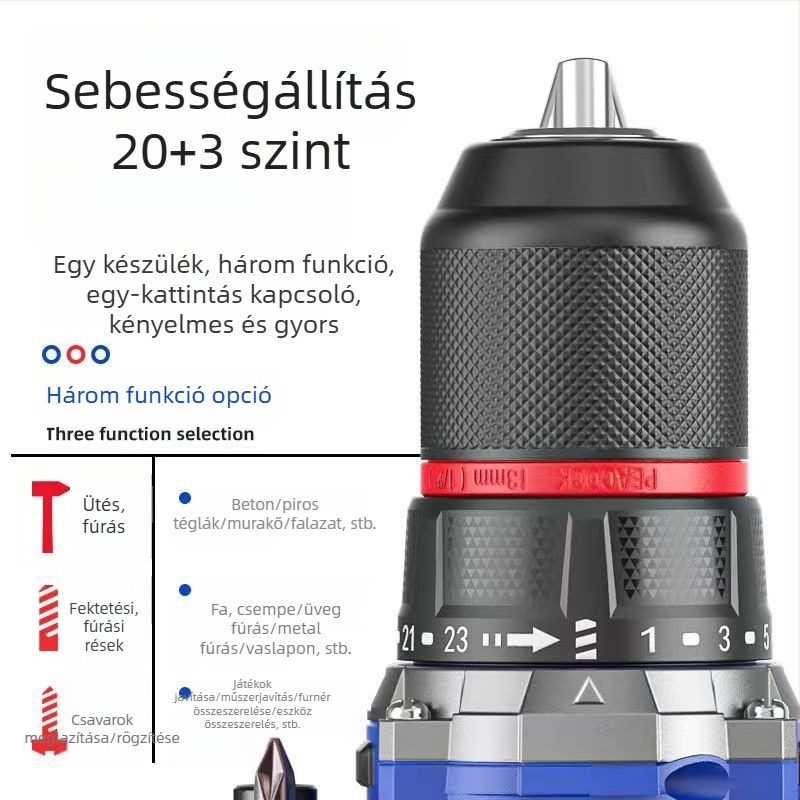Akkumulátoros kalapácsfúró brushless motorral, 3-szájú tokmány, Li-ion akkumulátor, 48 V-ig, előre és hátra forgás