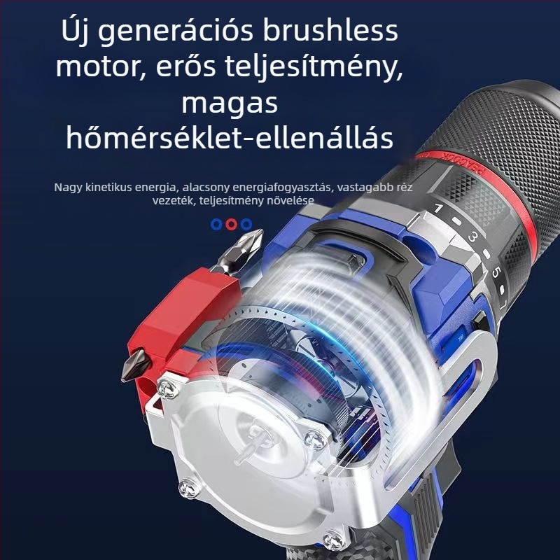 Akkumulátoros kalapácsfúró brushless motorral, 3-szájú tokmány, Li-ion akkumulátor, 48 V-ig, előre és hátra forgás