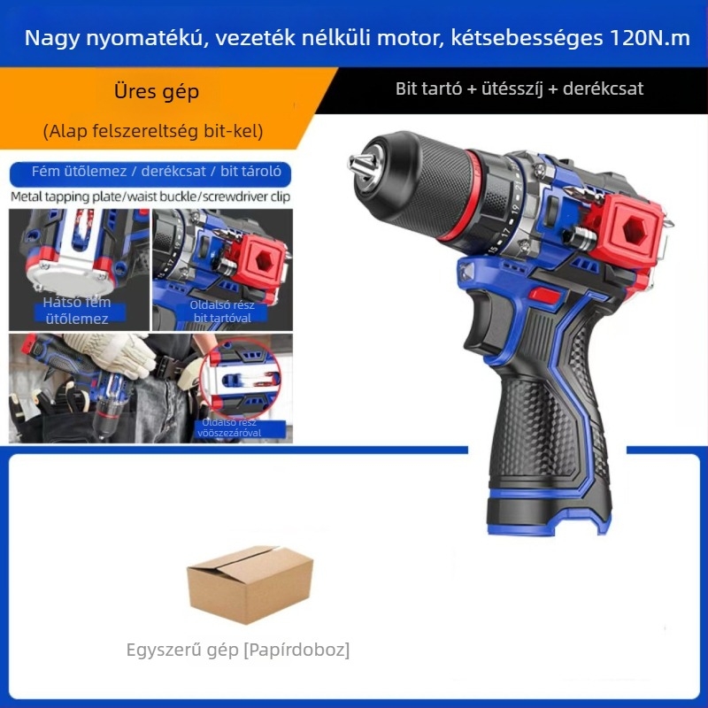 Akkumulátoros kalapácsfúró brushless motorral, 3-szájú tokmány, Li-ion akkumulátor, 48 V-ig, előre és hátra forgás