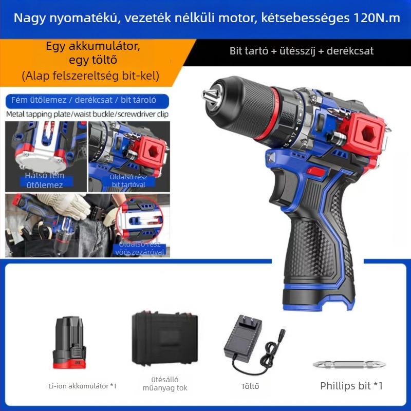 Akkumulátoros kalapácsfúró brushless motorral, 3-szájú tokmány, Li-ion akkumulátor, 48 V-ig, előre és hátra forgás