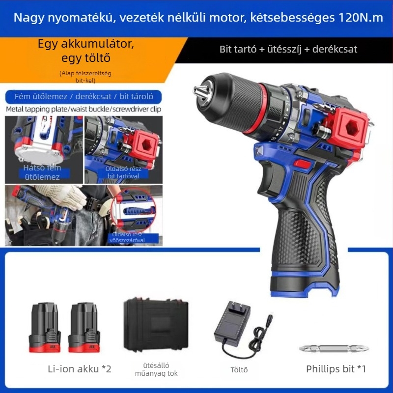 Akkumulátoros kalapácsfúró brushless motorral, 3-szájú tokmány, Li-ion akkumulátor, 48 V-ig, előre és hátra forgás