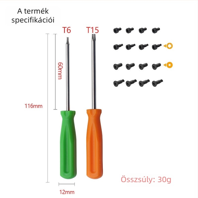 Ajtócsengő szétszereléséhez készült csavarhúzó készlet T6 és T15 bitekkel, mágneses, S2-es ötvözetű eszközacél, 30 g, 16 darab csavar mellékelve