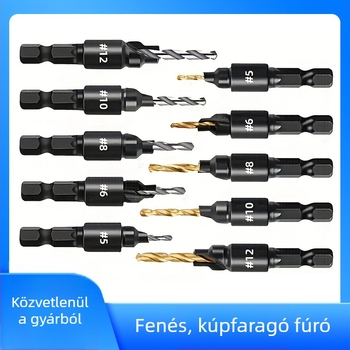 Faipari lyukfúró és kúpos fúró, hatszögletű shank, titán bevonat, mélységkorlátozó