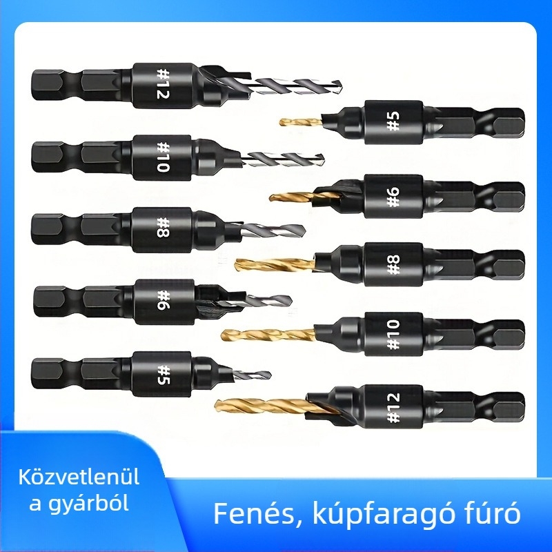 Faipari lyukfúró és kúpos fúró, hatszögletű shank, titán bevonat, mélységkorlátozó