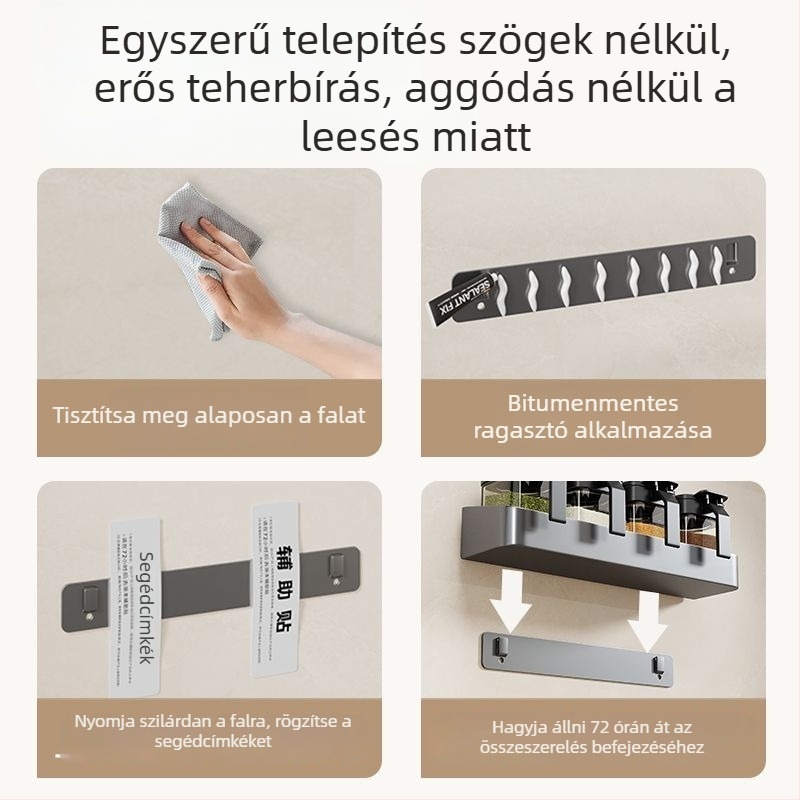 Rozsdamentes acélból készült fűszertartó polc fedővel — falra szerelhető vagy álló, modern minimál stílusú