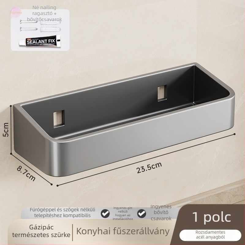 Rozsdamentes acélból készült fűszertartó polc fedővel — falra szerelhető vagy álló, modern minimál stílusú