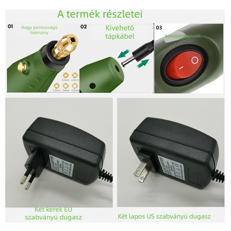 Mini elektromos gravírozó toll P500-8, hálózati tápegység, 110–220 V, állandó sebesség, 0,95 m kábel, tömeg 0,21 kg