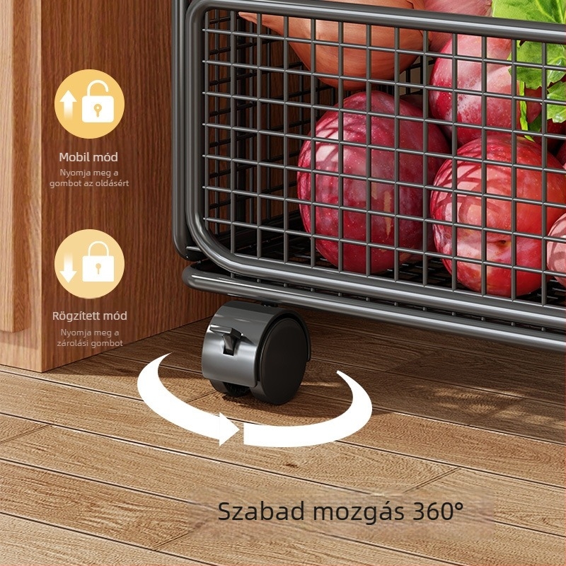 Konyhai zöldségtároló állvány, többszintes, drót- és hálózatos konstrukcióval, mozgatható