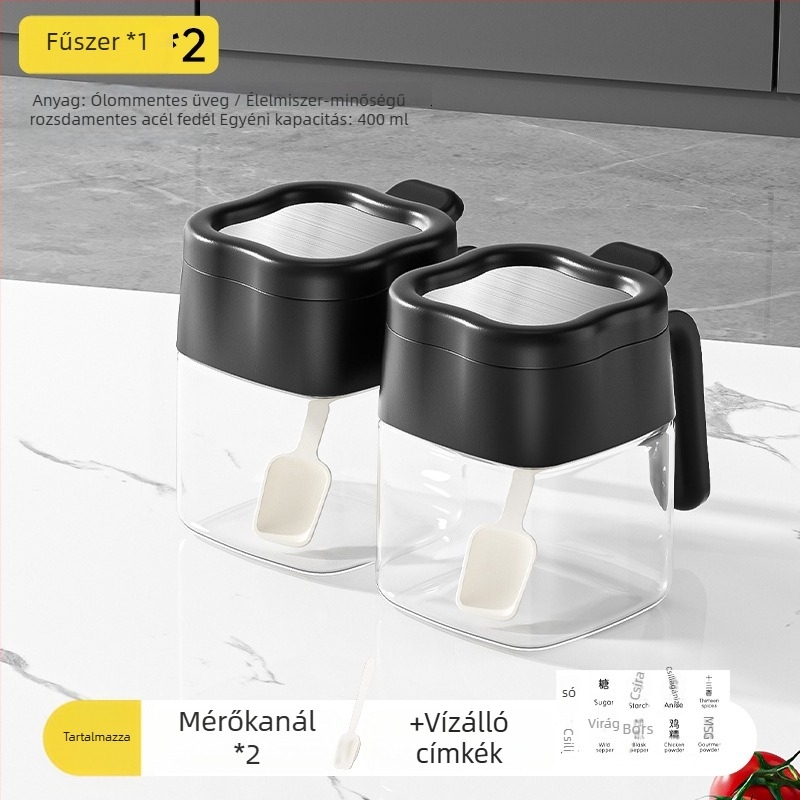 Konyhai fűszertartó készlet: só- és MSG-üvegek, olajos üveg és fűszeradagoló