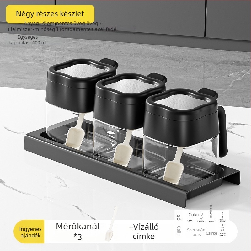 Konyhai fűszertartó készlet: só- és MSG-üvegek, olajos üveg és fűszeradagoló