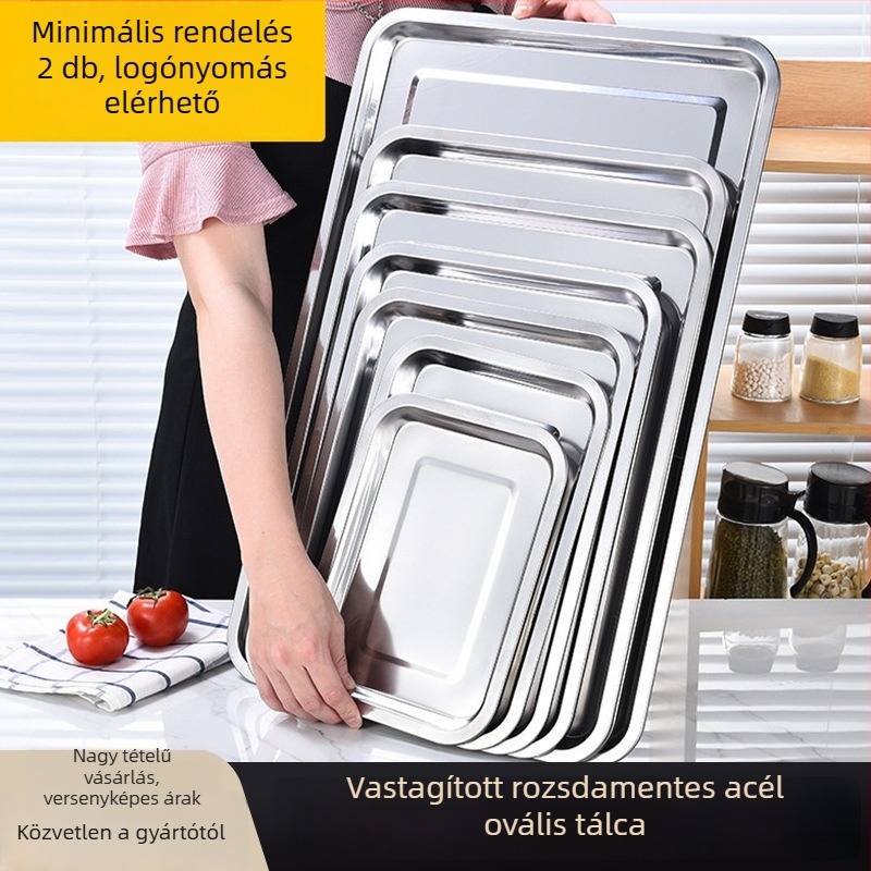Négyszögletes rozsdamentes acél tálca, polírozott felület, modern minimalista stílus