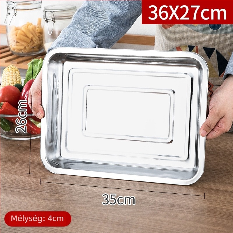 Négyszögletes rozsdamentes acél tálca, polírozott felület, modern minimalista stílus