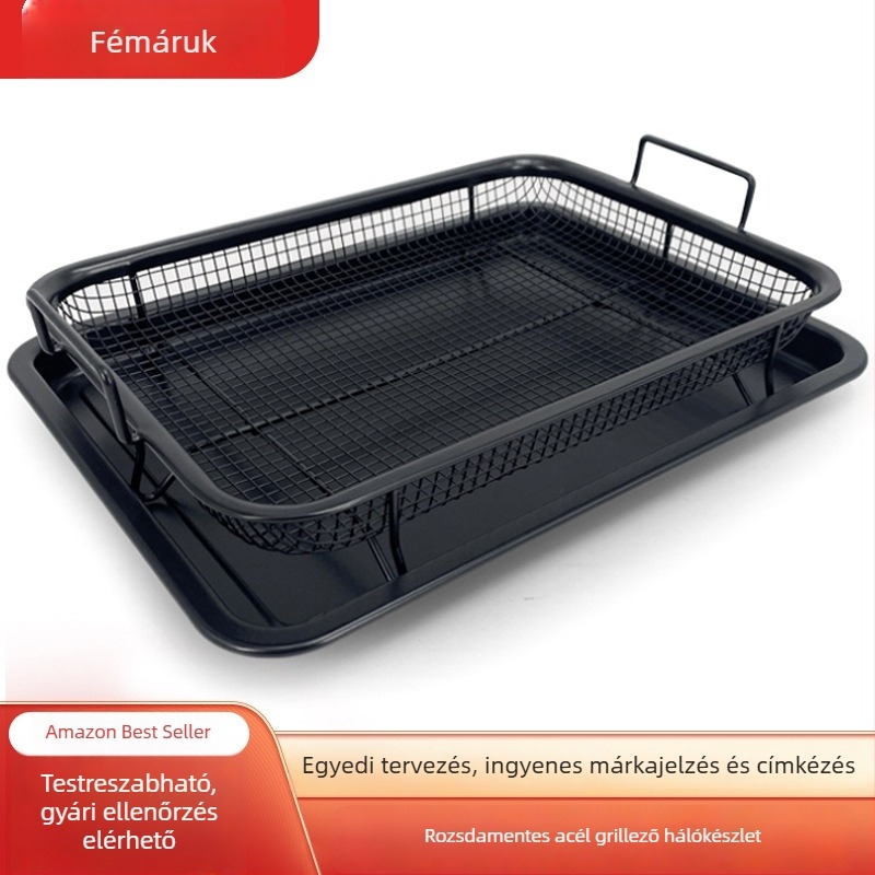 Rozsdamentes acél grillserpenyő és grillkosár készlet kültéri főzéshez, kettős használat: gáz és szén
