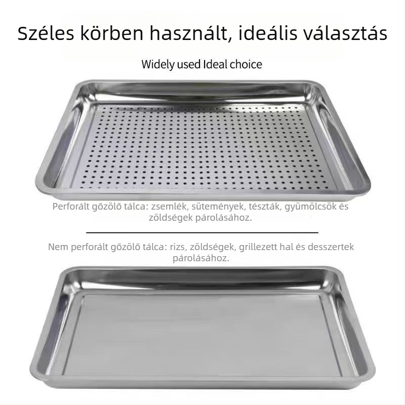 304 rozsdamentes acél négyszögletes tálca, nagy kapacitású sütő- és pároló tálca, perforált, vastagított kialakítás