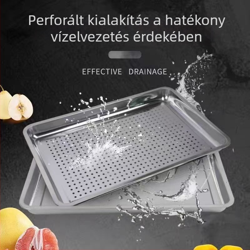 304 rozsdamentes acél négyszögletes tálca, nagy kapacitású sütő- és pároló tálca, perforált, vastagított kialakítás