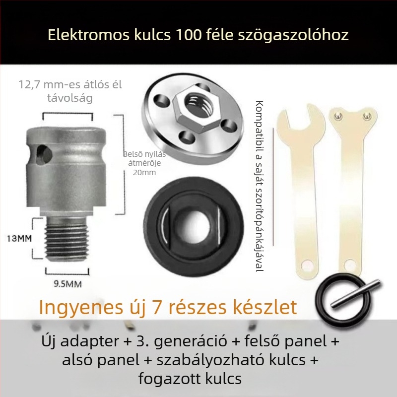 Adapter elektromos kulcshoz, szögcsiszolóhoz és fúróhoz – kétállú csavarkulcs, nyomólap, szénacél