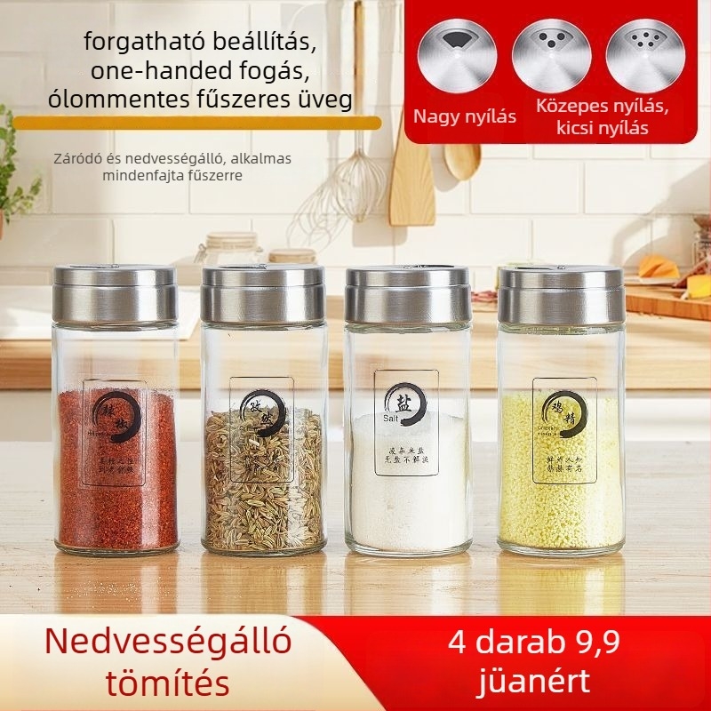 Bluespace üveges fűszerkészlet: bors, só és MSG — modern letisztult stílus, tartályok a szilárd fűszerekhez, logó nyomtatása lehetséges