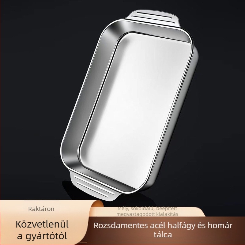 Rozsdamentes acélból készült téglalap alakú grill tál, mikrohullámú sütőben használható, indukciós kompatibilis, elektrolitos felület