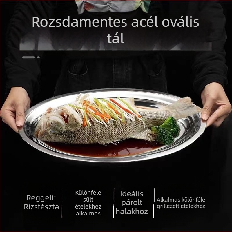 Rozsdamentes acélból készült halas tál, szabálytalan formájú, polírozott felülettel, mikrohullámú sütőben használható, logó testreszabása elérhető