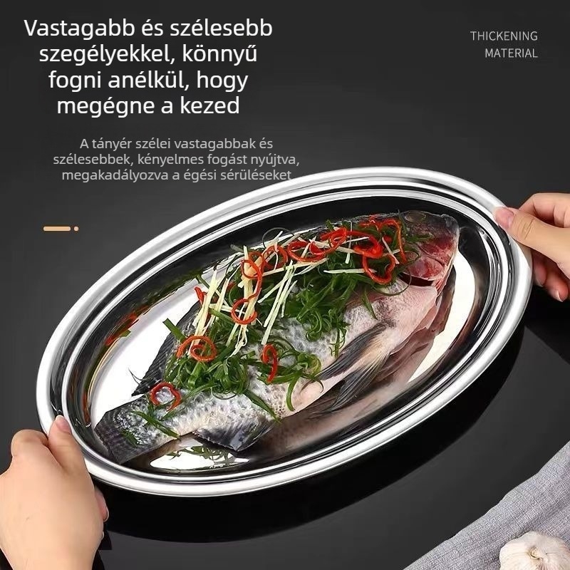 Rozsdamentes acélból készült halas tál, szabálytalan formájú, polírozott felülettel, mikrohullámú sütőben használható, logó testreszabása elérhető