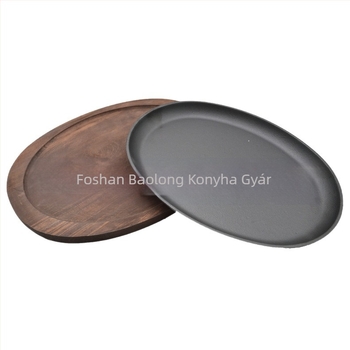 Baolong Kitchenware öntöttvas sütő- és serpenyő ovális fa alapú talppal, kereskedelmi kültéri használatra