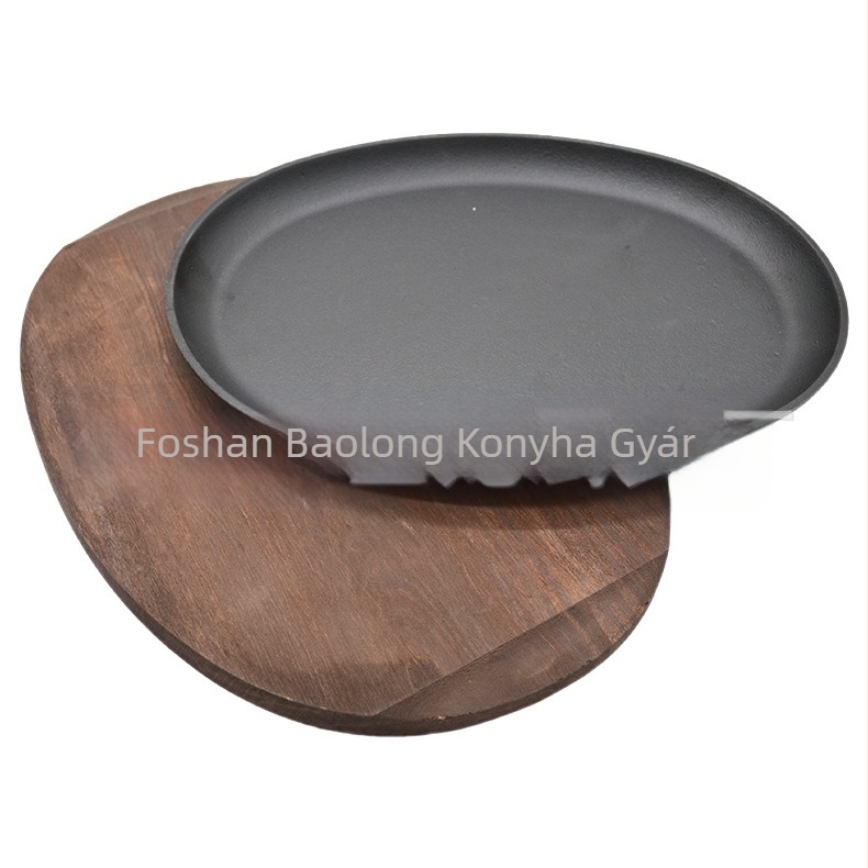 Baolong Kitchenware öntöttvas sütő- és serpenyő ovális fa alapú talppal, kereskedelmi kültéri használatra