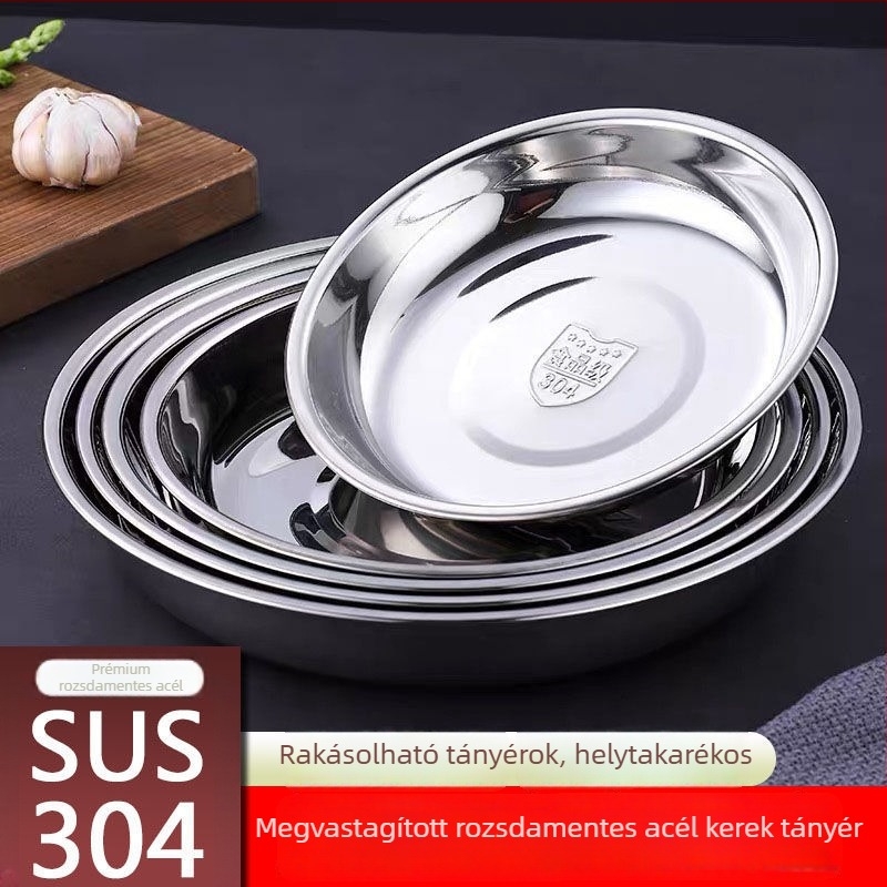 304 rozsdamentes acél lemez, háztartási lapos aljú kör alakú tál, vastított, élelmiszer-minőségű grill tálca