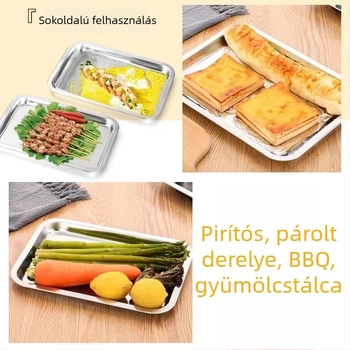 Rozsdamentes acélból készült négyszögletes tál, extra vastag, sokoldalú tál barbecue-hoz, párolt rizshez, dumplings-hoz és teához