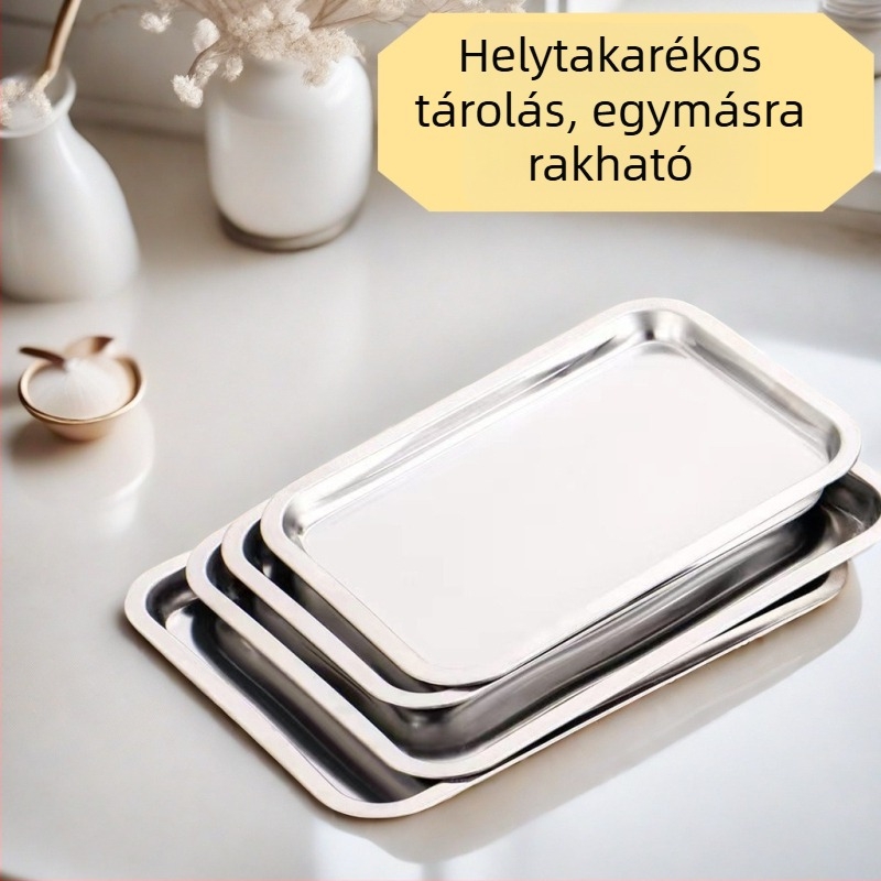 Rozsdamentes acélból készült négyszögletes tál, extra vastag, sokoldalú tál barbecue-hoz, párolt rizshez, dumplings-hoz és teához