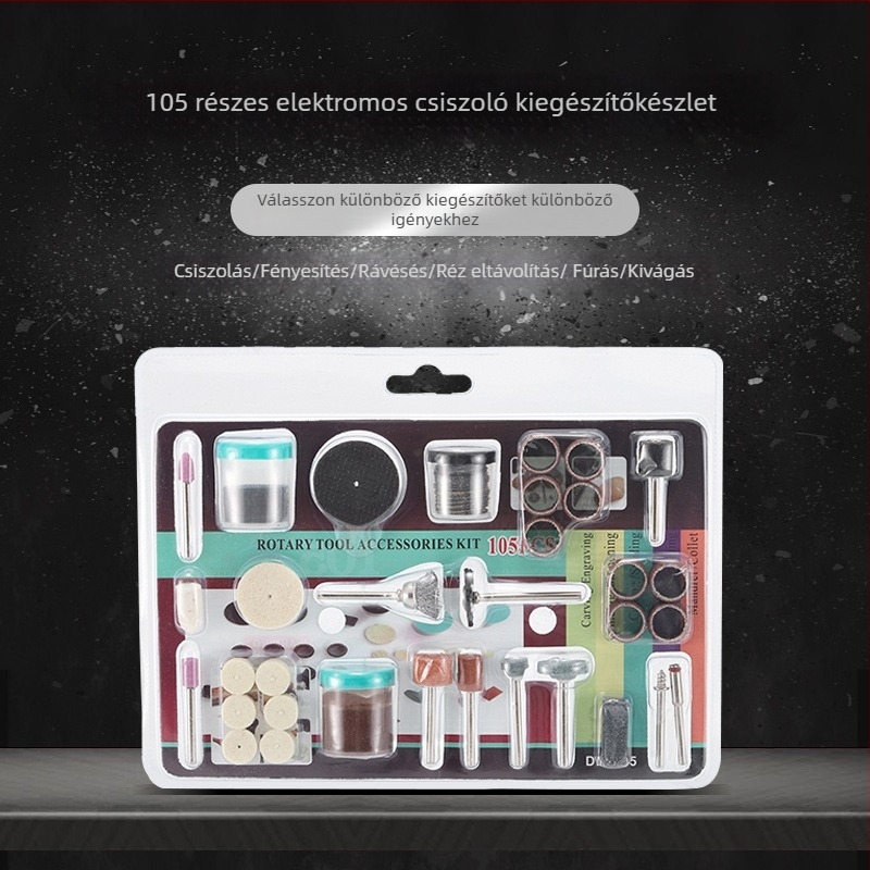 HIAIM 105 darabos elektromos csiszoló kiegészítő készlet, tartalmaz csiszológyűrűket, csiszolófejeket, vágókorongokat és kefefejeket