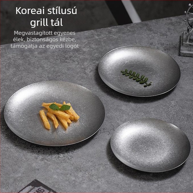 Lapos tál – rozsdamentes acélból, kör alakú, antik felülettel, könnyű luxus retro stílus, élelmiszerbiztonságos