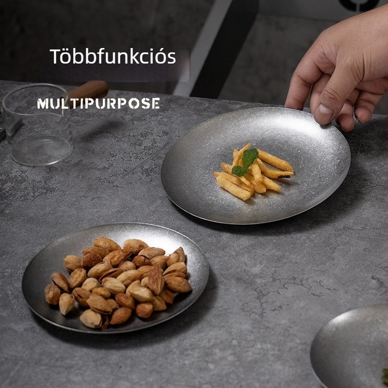 Lapos tál – rozsdamentes acélból, kör alakú, antik felülettel, könnyű luxus retro stílus, élelmiszerbiztonságos