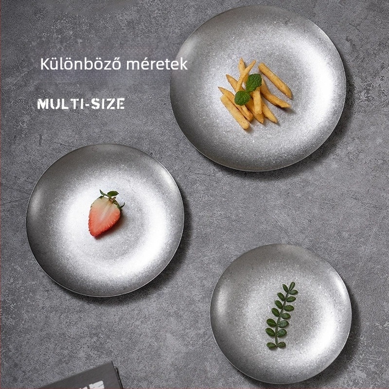 Lapos tál – rozsdamentes acélból, kör alakú, antik felülettel, könnyű luxus retro stílus, élelmiszerbiztonságos