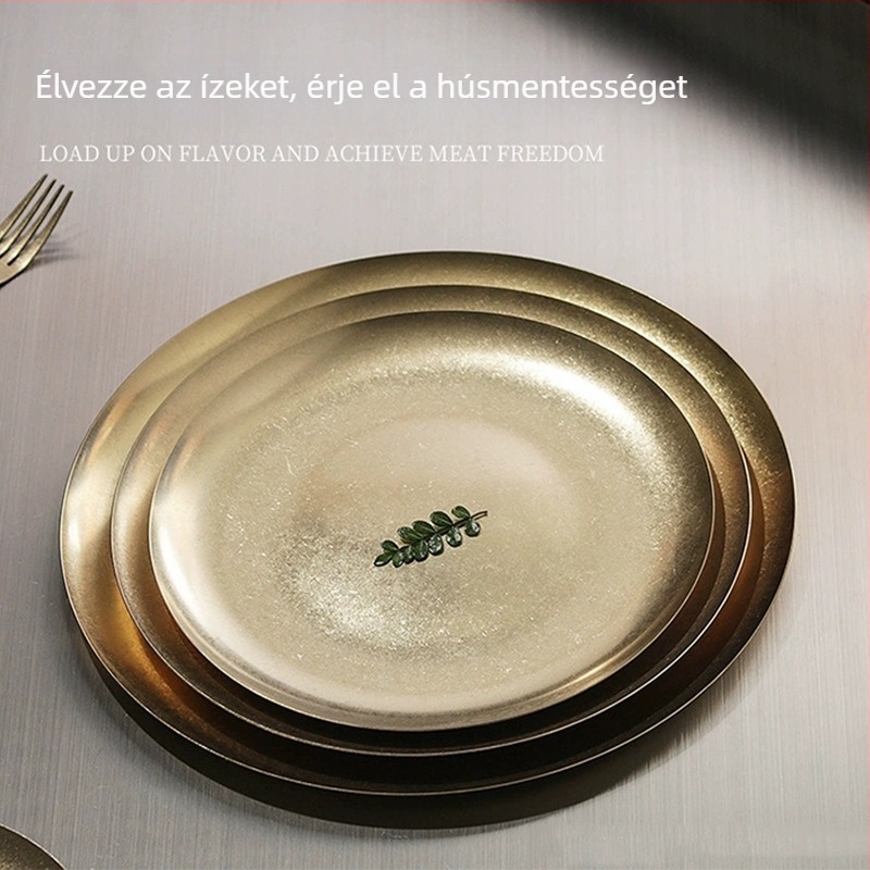 Lapos tál – rozsdamentes acélból, kör alakú, antik felülettel, könnyű luxus retro stílus, élelmiszerbiztonságos