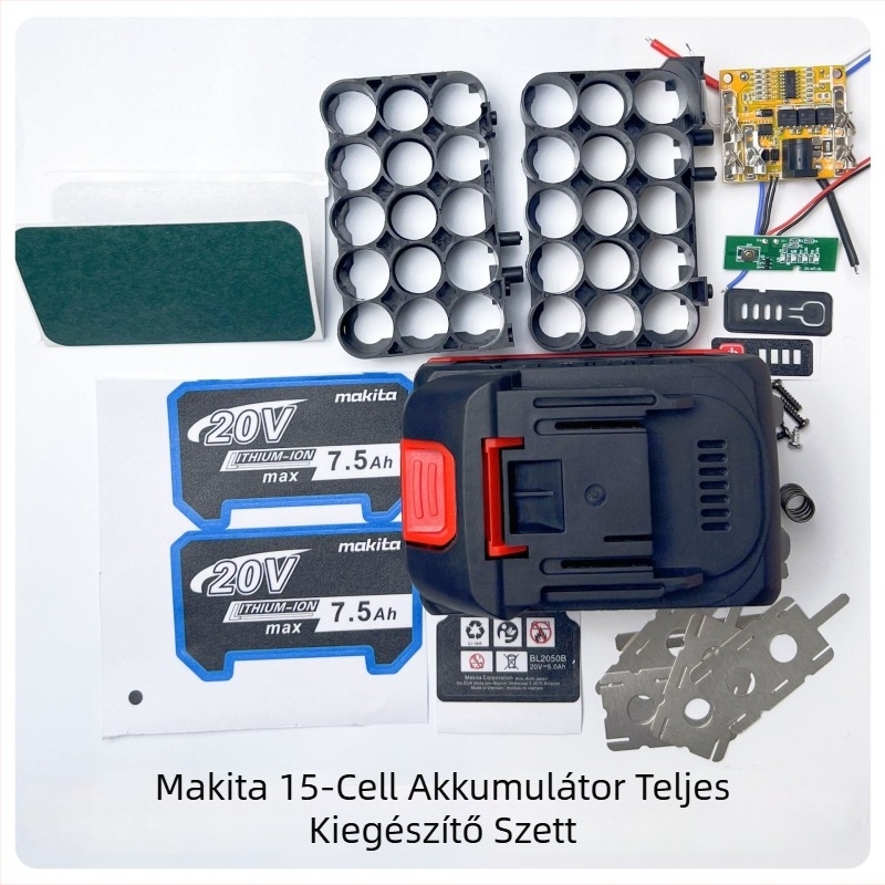 Makita-stílusú 18650 akkumulátorcsomag vastagított burkolattal és energia kijelzővel – teljes kiegészítő készlet, 10/15 cella, műanyag kivitelezés