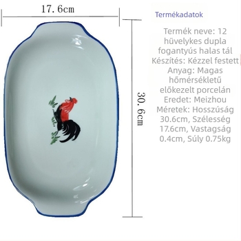 Kétfülű kerámia halsplat | Virágos minta, kézzel festett, négyzetes alak, mikróhőálló, Baofeng Ceramics