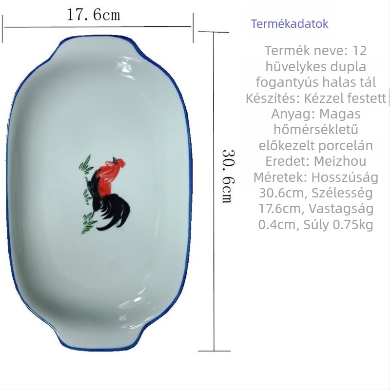 Kétfülű kerámia halsplat | Virágos minta, kézzel festett, négyzetes alak, mikróhőálló, Baofeng Ceramics