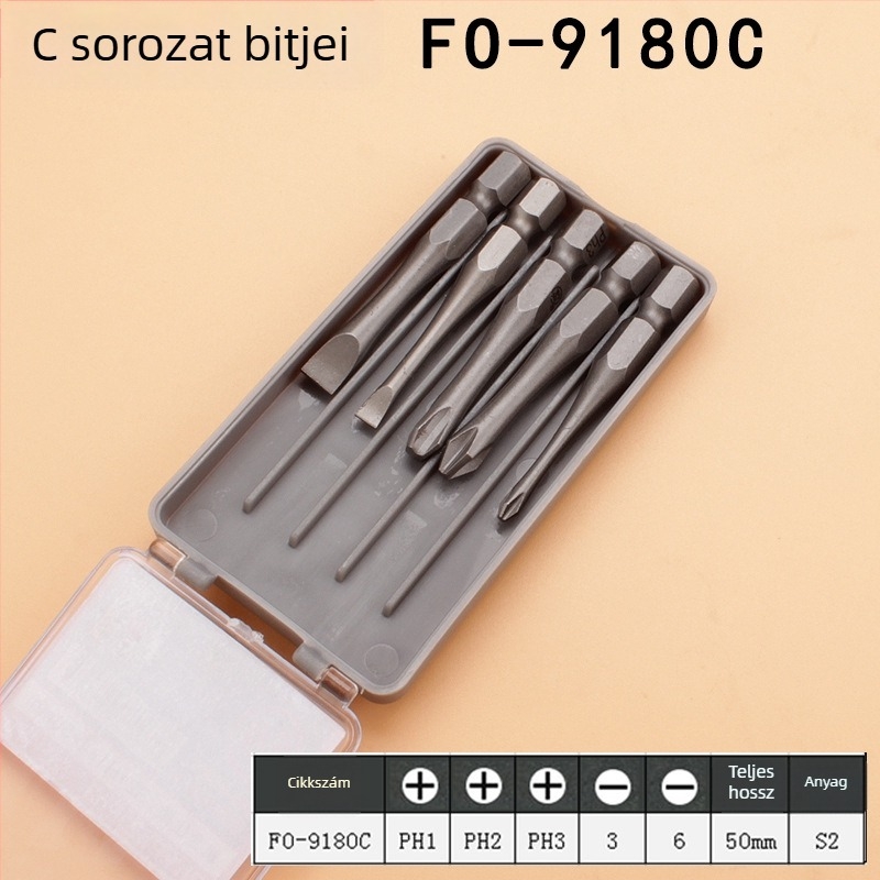 5 darabos csavarhúzóbit készlet, öt különböző csavarfej típussal, S2 szerszámacélból, nem szigetelt, csavarok meghúzására