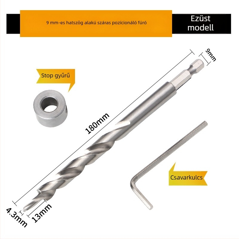 Fából készült lépéses fúró hexagonális nyéllel, 9 mm és 9,5 mm átmérőkkel, hosszított kivitel, 118° külső él