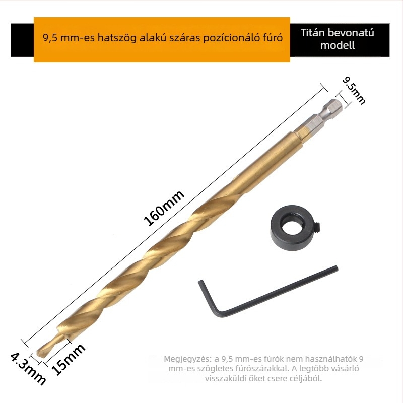 Fából készült lépéses fúró hexagonális nyéllel, 9 mm és 9,5 mm átmérőkkel, hosszított kivitel, 118° külső él