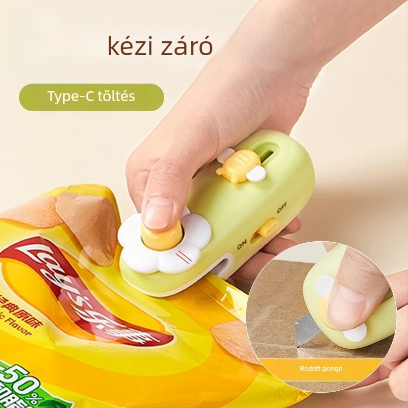 Mini kézi záróberendezés háztartási használatra, műanyag zacskók lezárására, nasik és élelmiszer-tárolására.