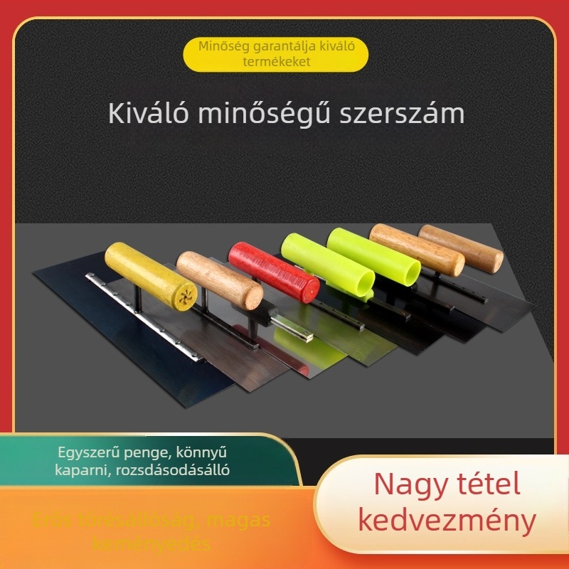 Rozsdamentes acél vakolókanál, vastagodott penge, hosszú fa markolat, földmunkákhoz