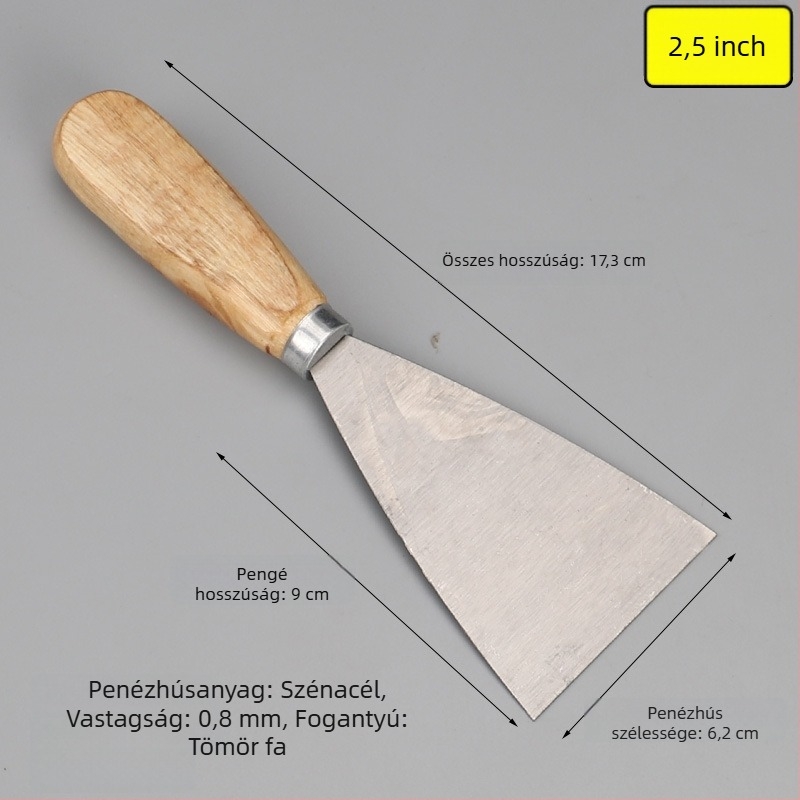 Fa nyelű glettvas spatula, 45# acél pengével, Solid Wood sorozat kerek fogantyúval, alkalmas por eltávolítására és glettelésre