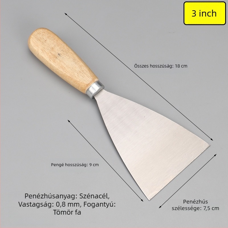 Fa nyelű glettvas spatula, 45# acél pengével, Solid Wood sorozat kerek fogantyúval, alkalmas por eltávolítására és glettelésre