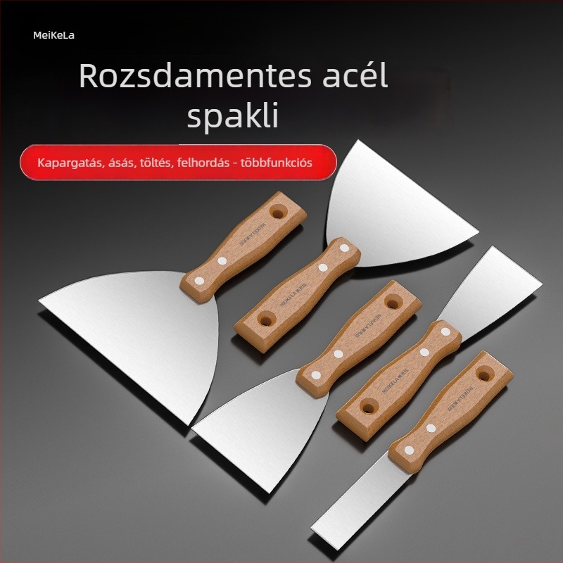 Rozsdamentes acél glettkés lakkozott nyéllel; többfunkciós kaparó gletteléshez és falak tisztításához